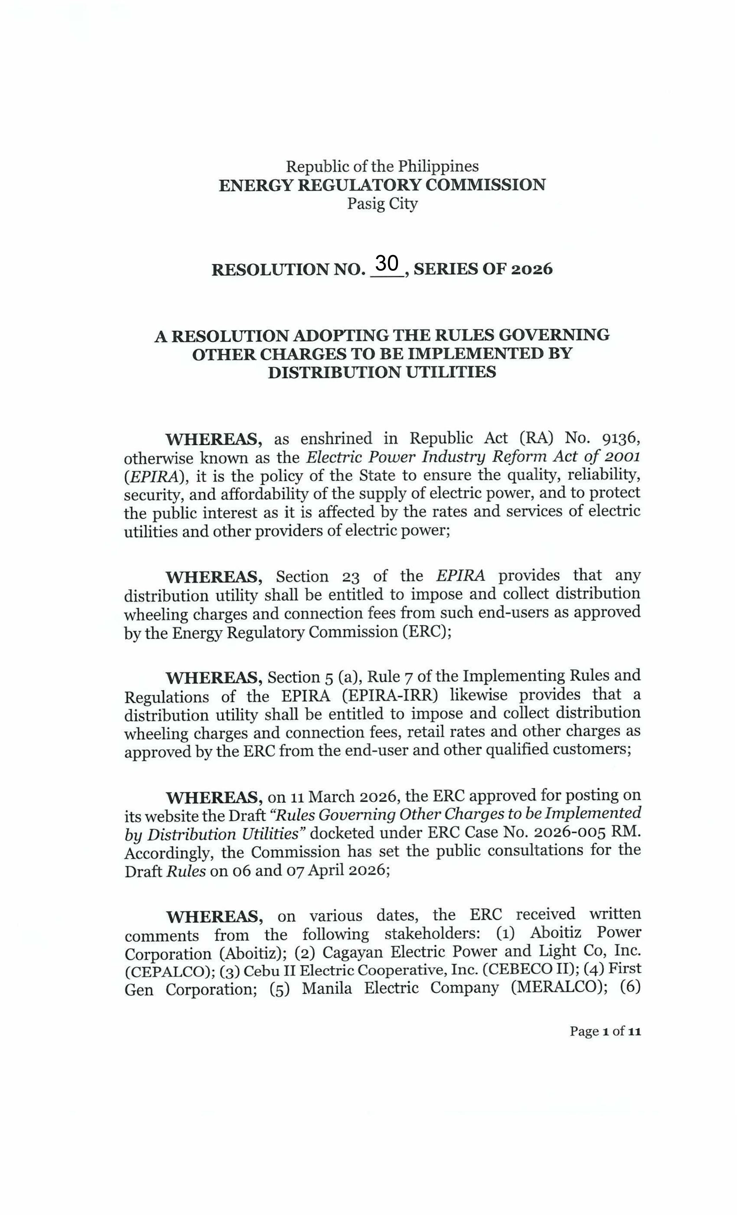 RESOLUTION NO. 30, SERIES OF 2026